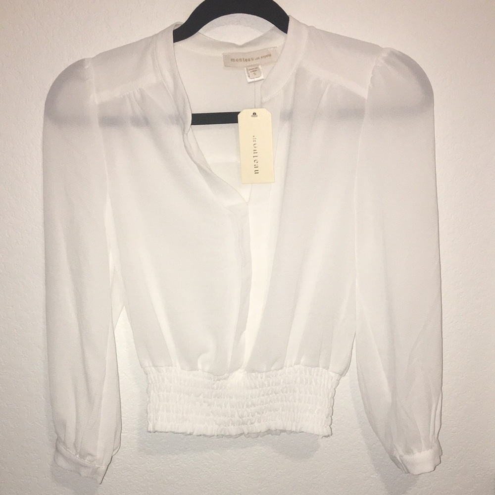 Monteau Los Angeles White Spring Summer Crop Top with gathered waist Size Small